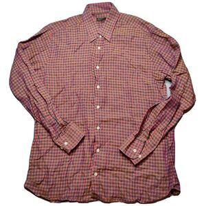 GITMAN BROS LINEN Men Large Orange Blue Yellow Check Made In USA Shirt